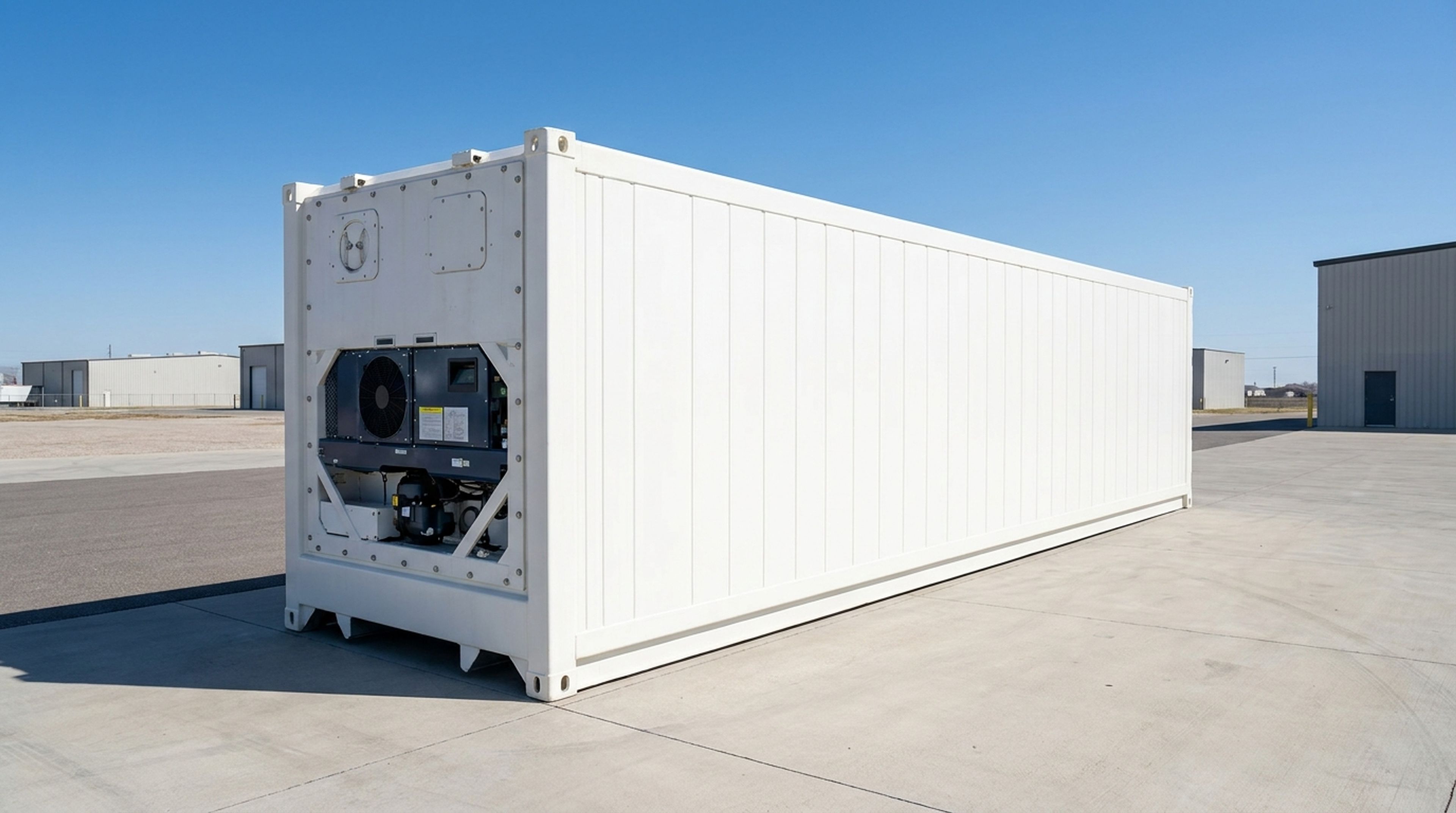 A refrigerated shipping container with its reefer cooling unit, showing how refrigerated containers work