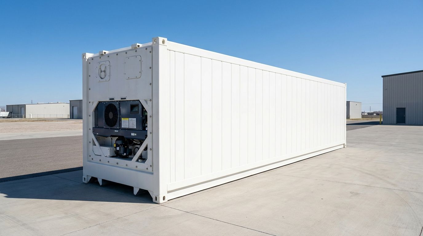 A refrigerated shipping container with its reefer cooling unit, showing how refrigerated containers work