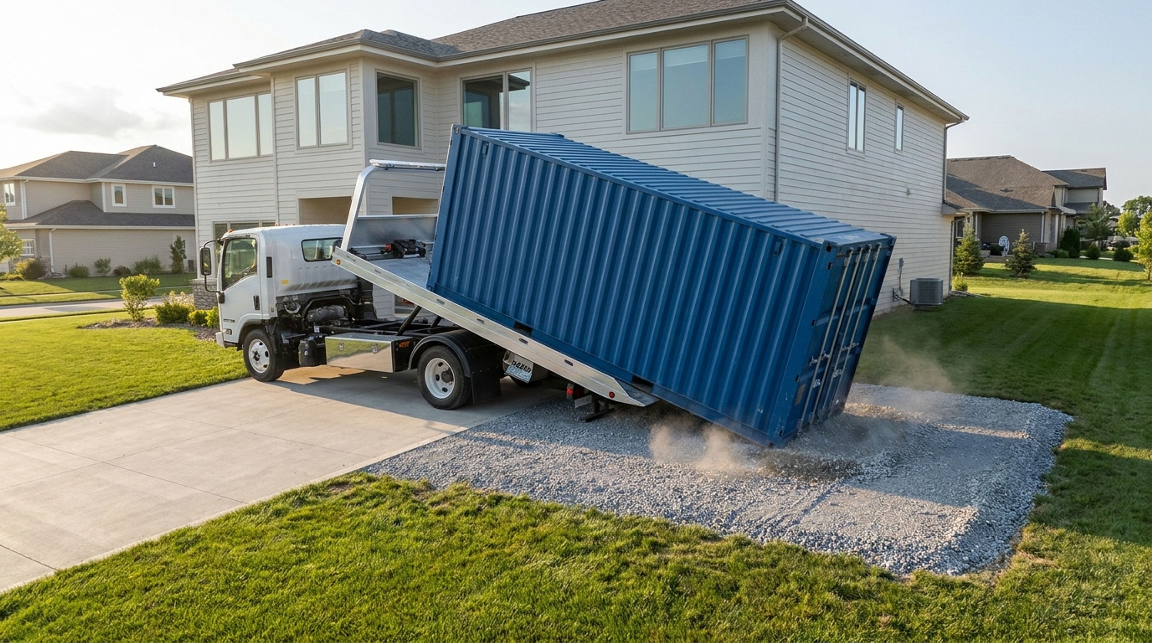 A tilt-bed truck delivering a shipping container to a prepared site