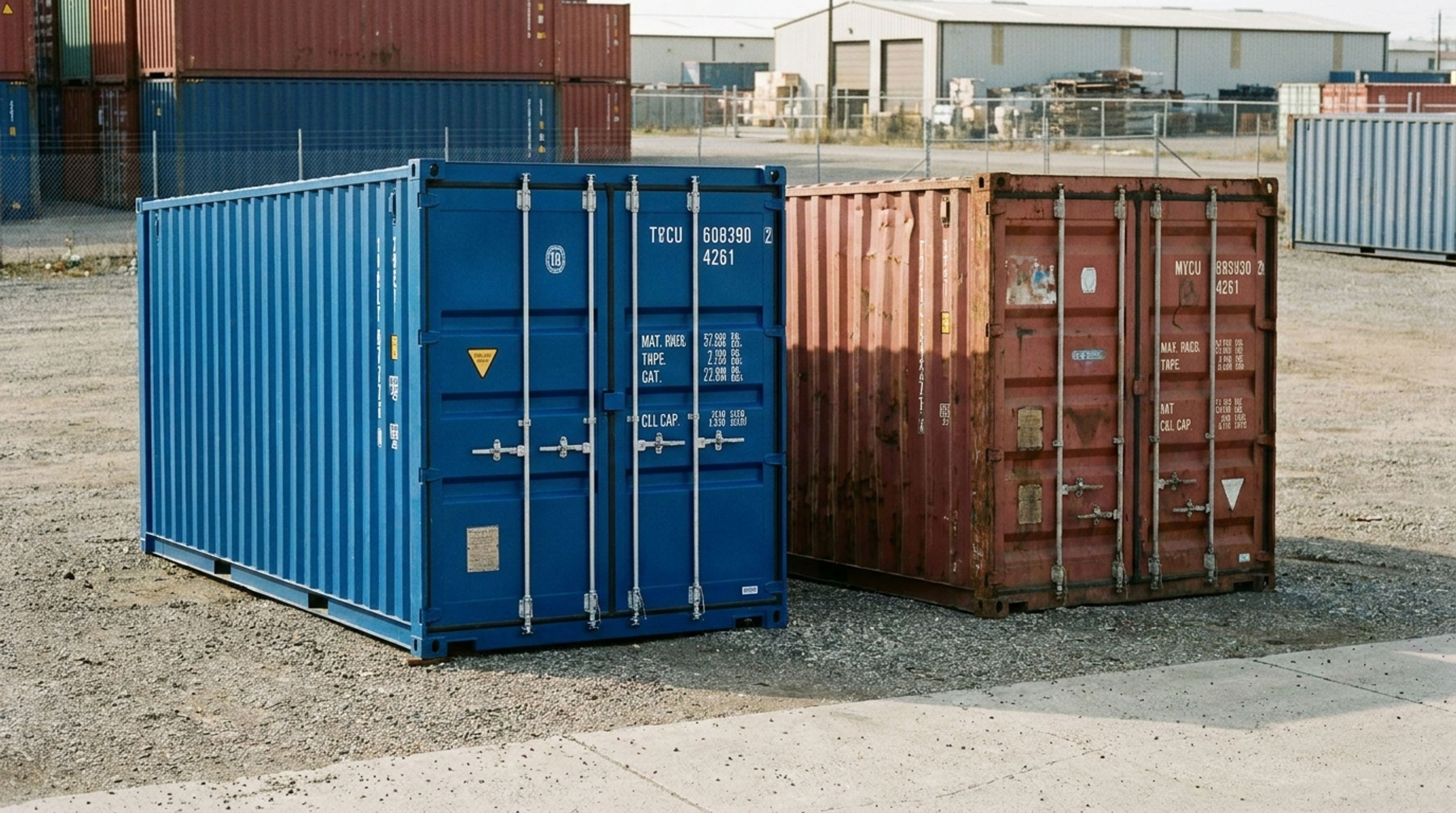 A new one-trip container beside a weathered used shipping container