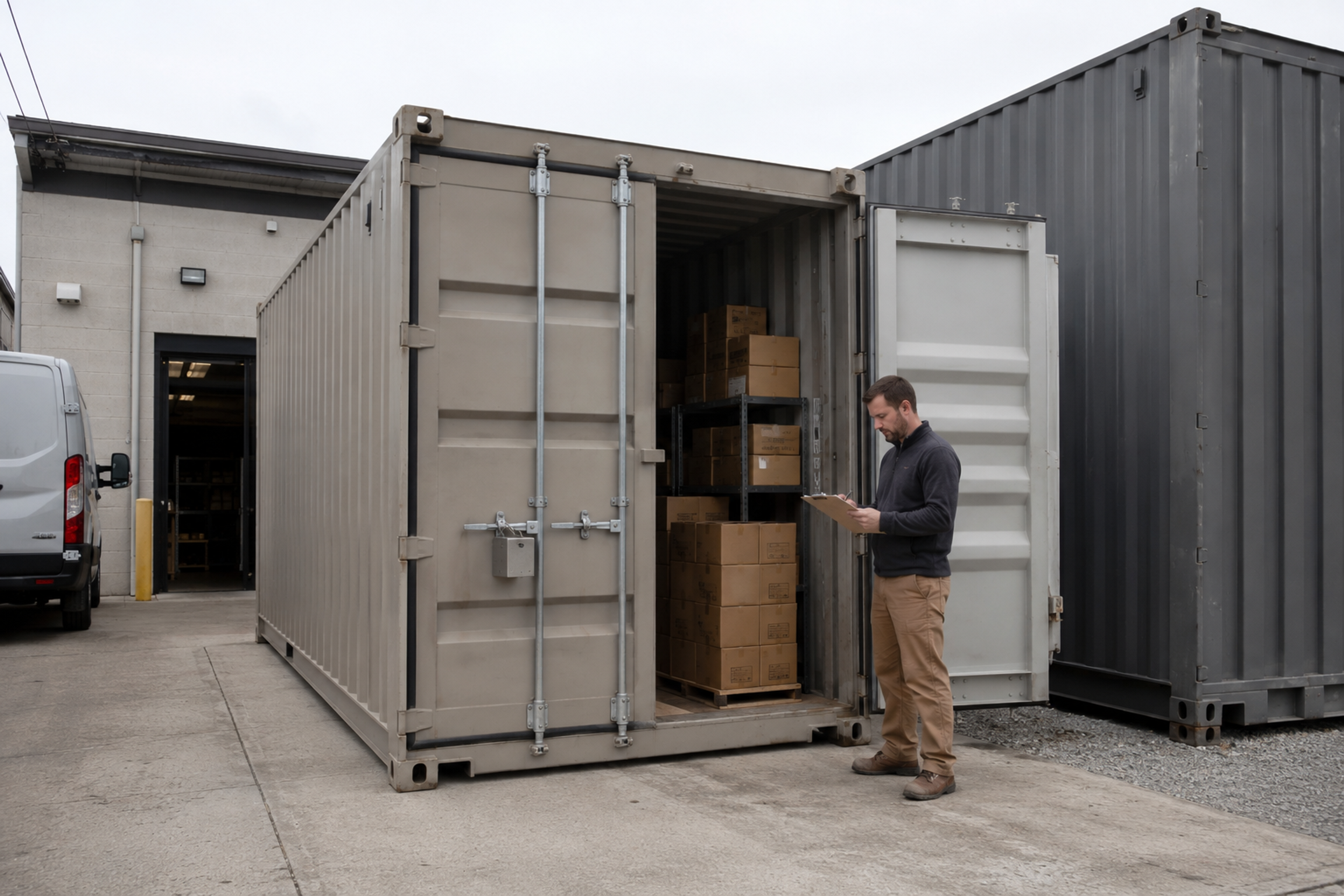 A clean, one-trip 20ft shipping container parked directly behind a mid-sized commercial business