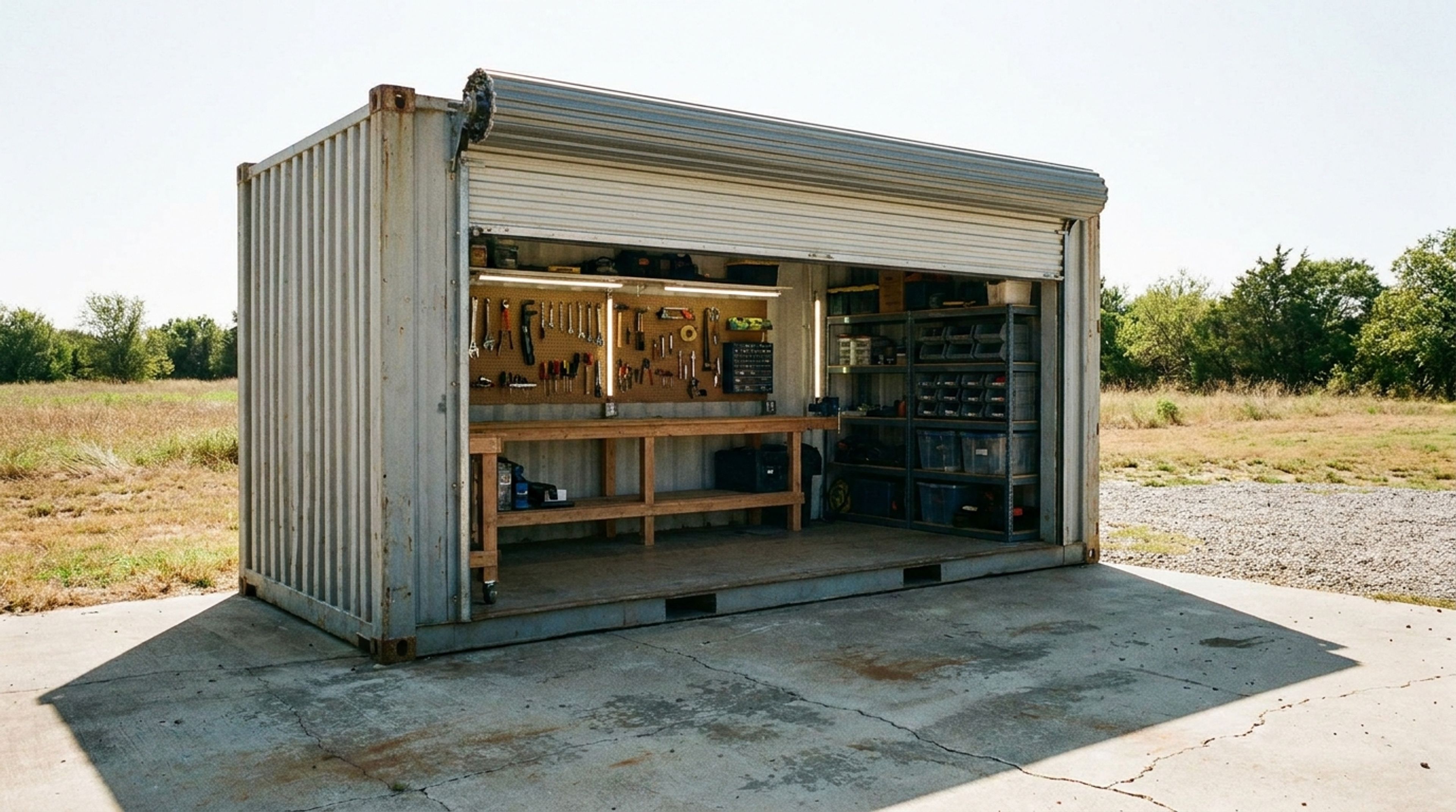 A shipping container converted into a workshop with a roll-up door, workbench, and tool wall