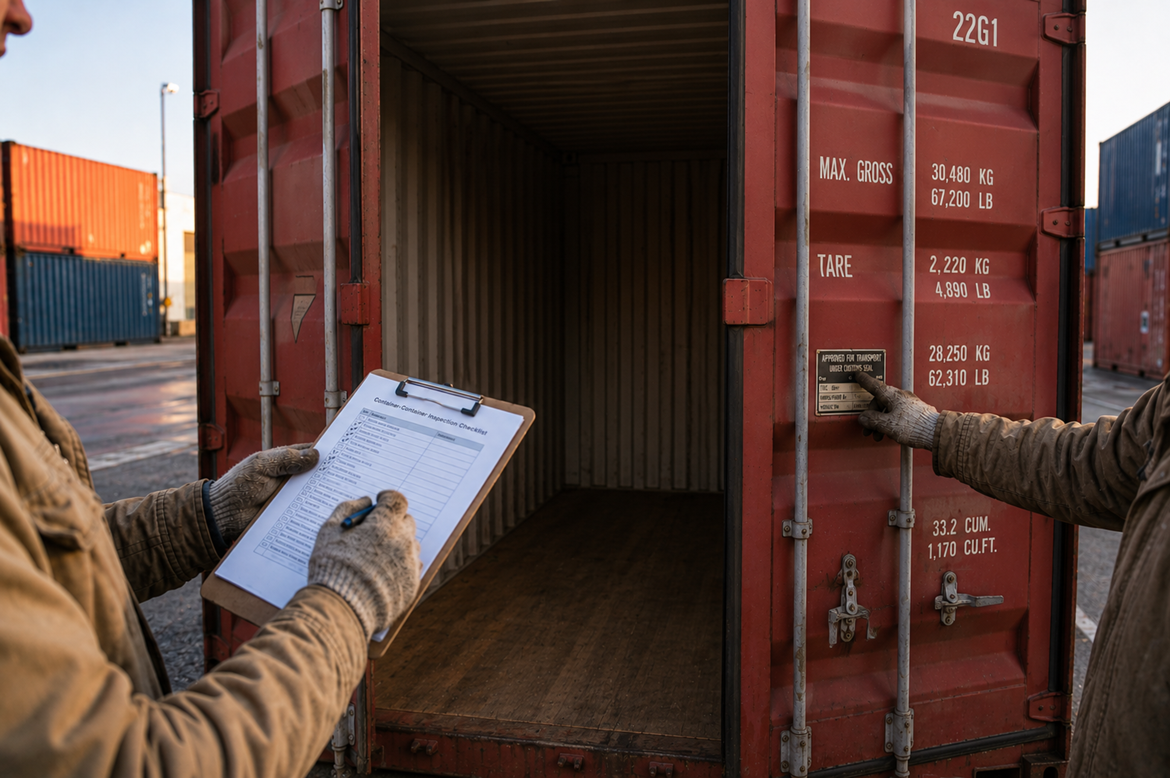 Close-up inspection of a used shipping container's doors and seals