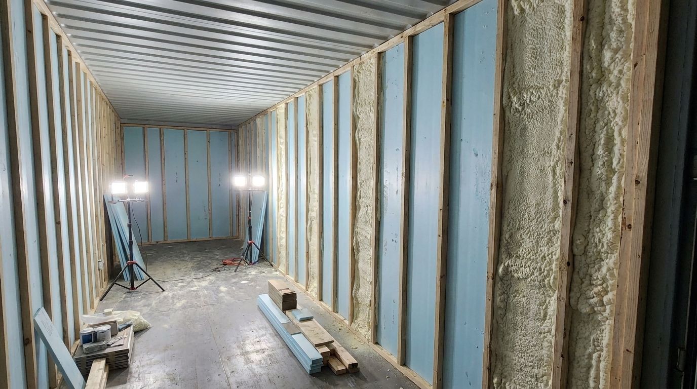 Insulation being installed against the steel wall of a shipping container