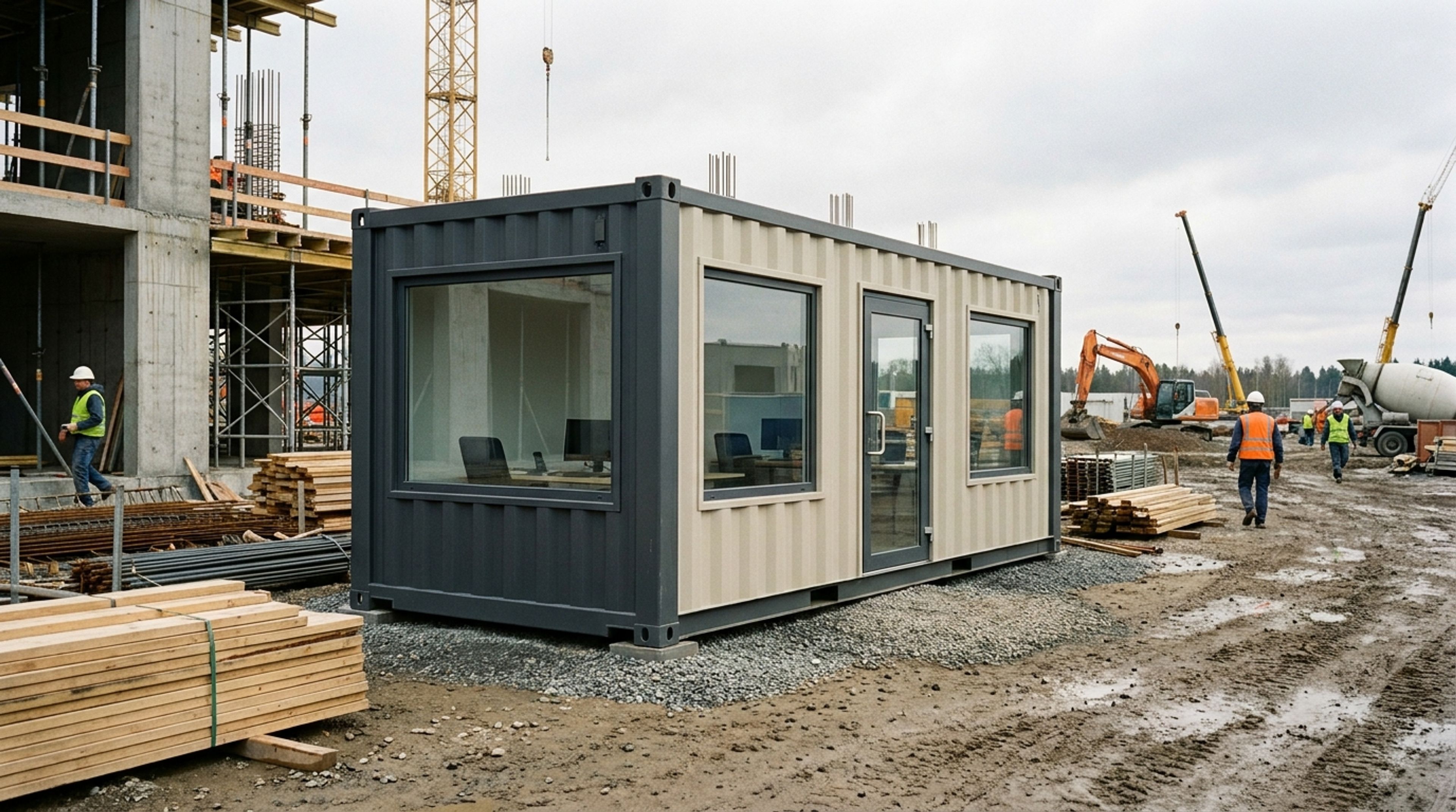 A modified shipping container converted into an on-site office