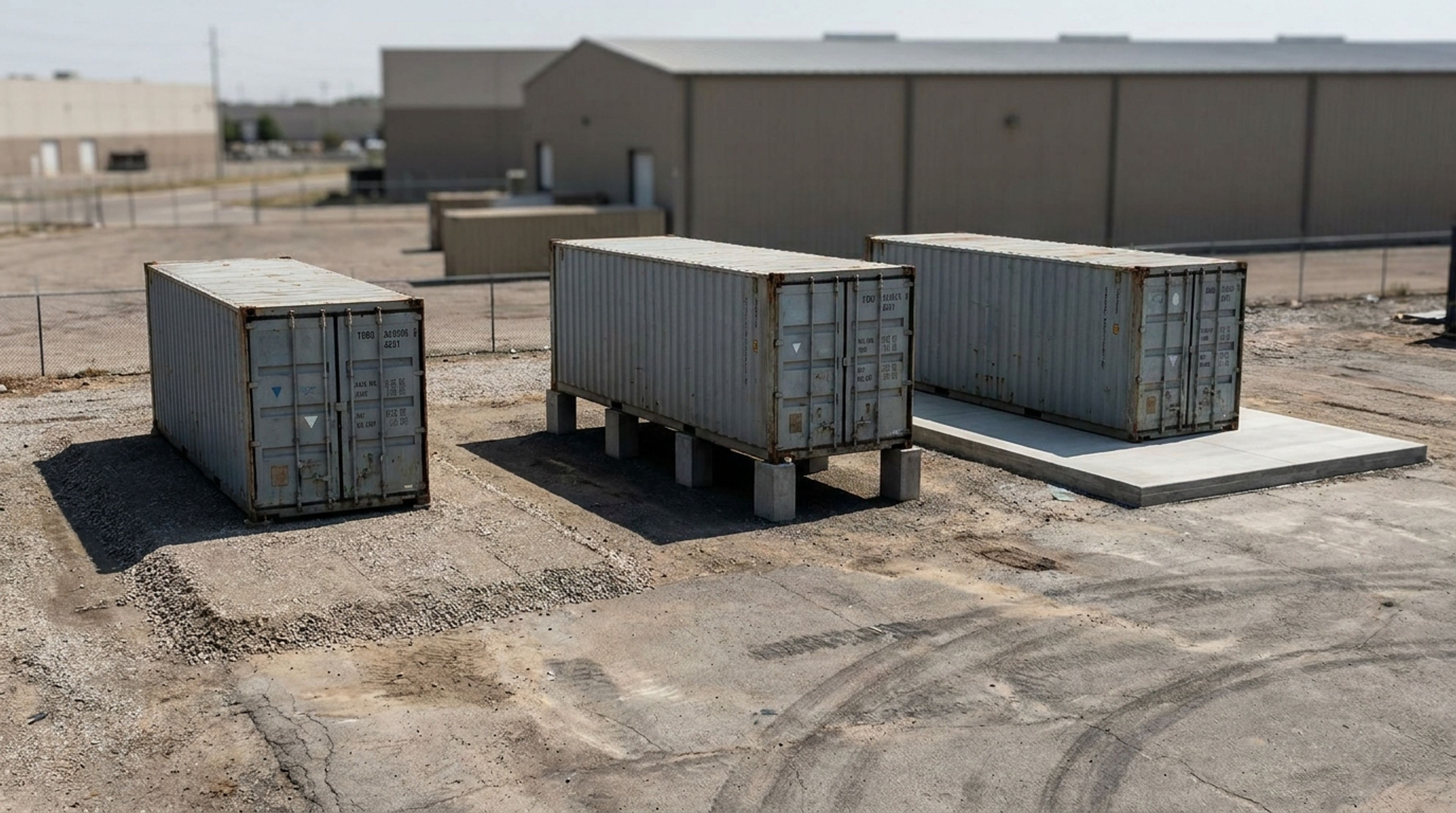 Shipping containers set on different foundation bases for storage, office, and home use