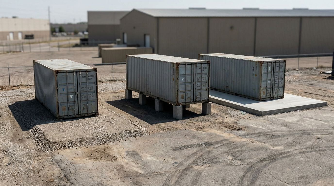 Shipping containers set on different foundation bases for storage, office, and home use