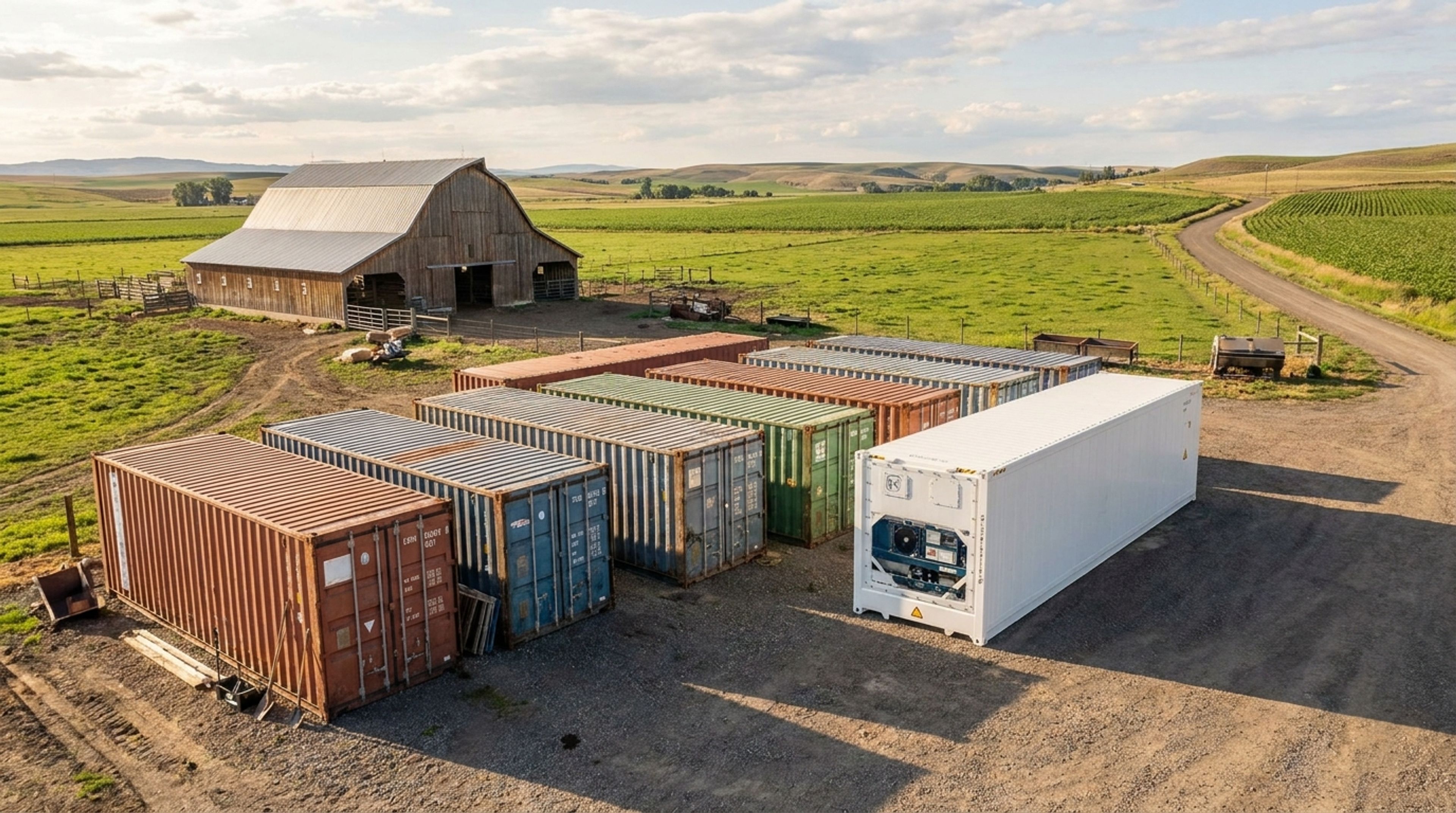 Steel shipping containers and a refrigerated unit on a farm for storage and cold storage