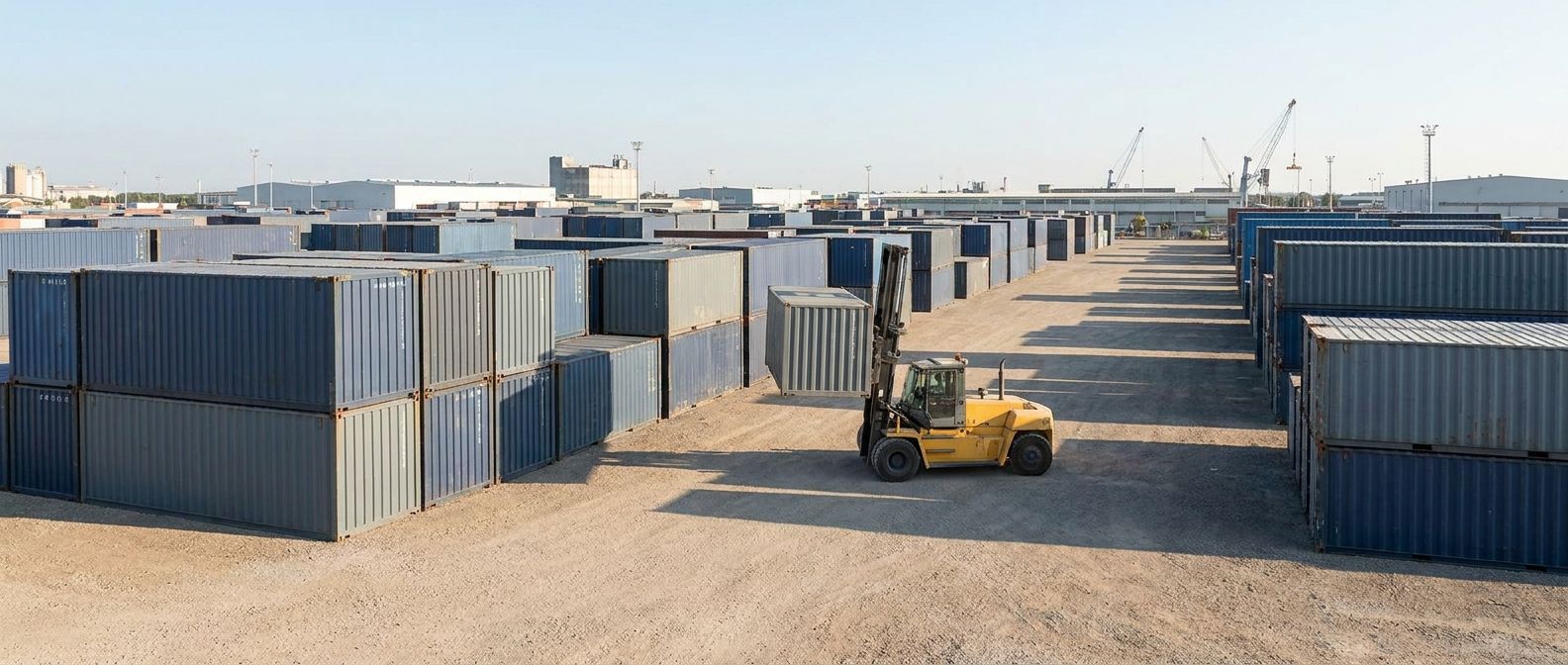 A tidy US shipping-container yard with rows of stacked blue and grey containers and a forklift in operation.