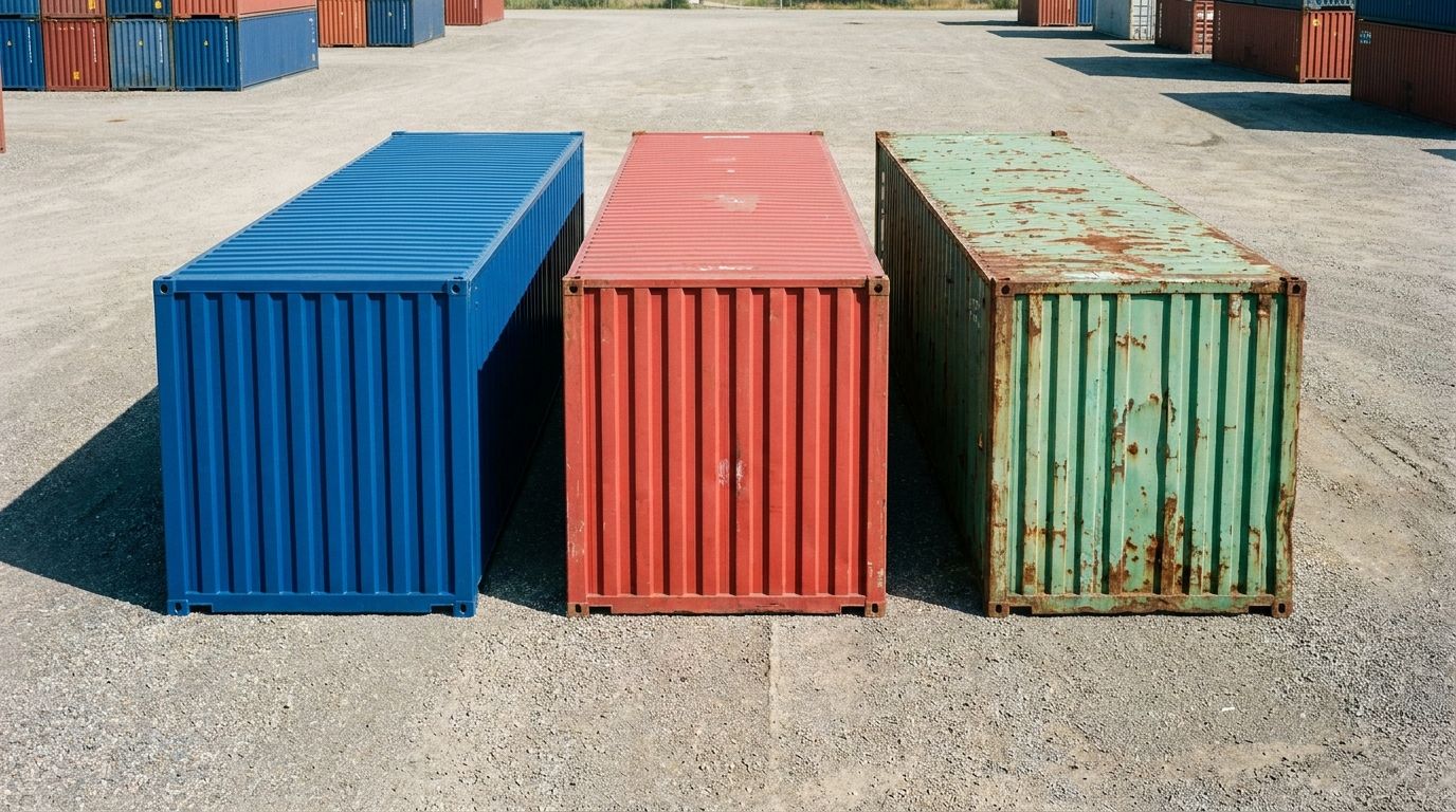 New and used shipping containers lined up in a sales yard
