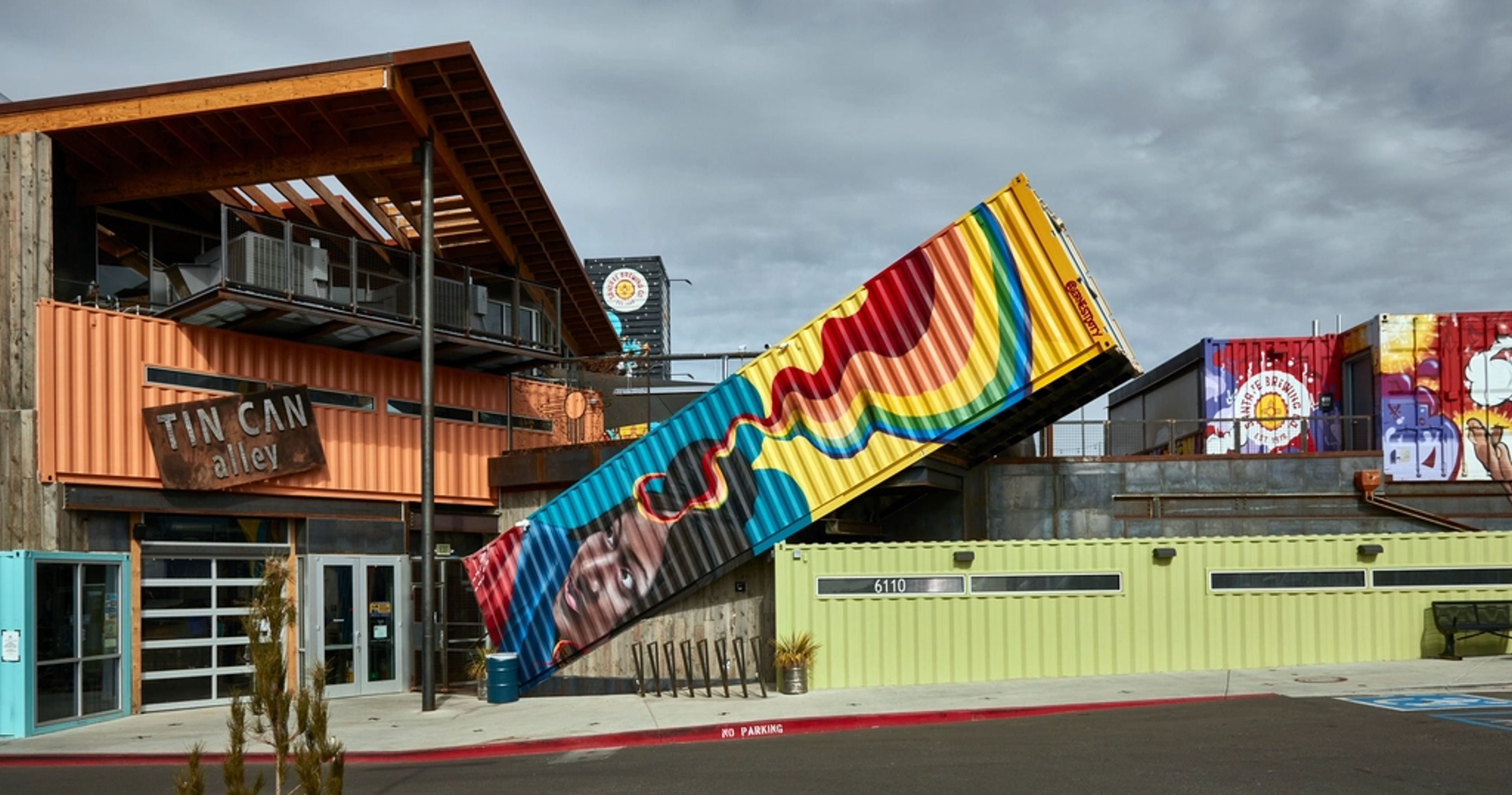 Shipping containers converted into a food hall with cafes and bars