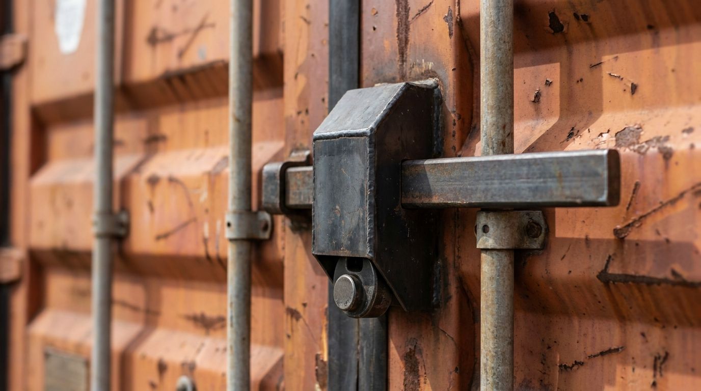 A shipping container door fitted with a steel lockbox over a high-security padlock and a crossbar lock