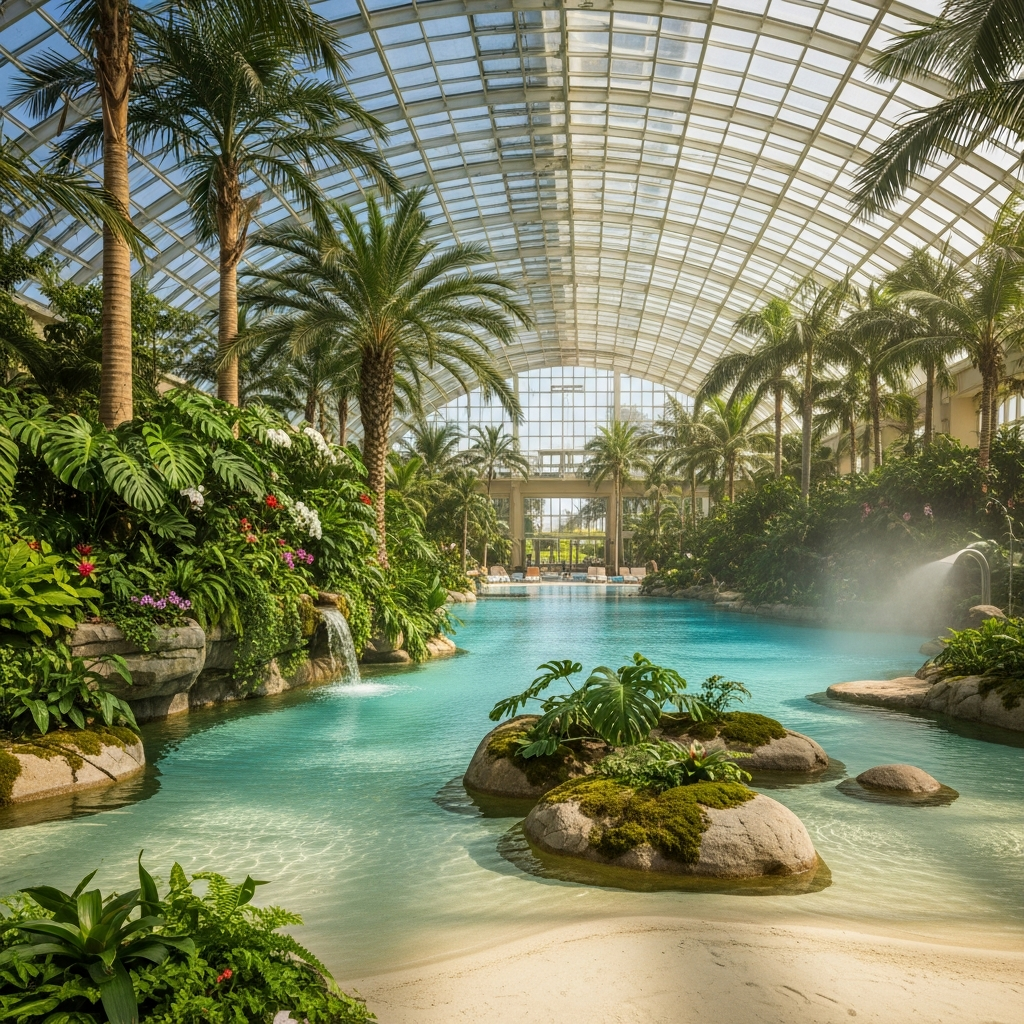 Glass-domed tropical pool at Center Parcs Sherwood Forest
