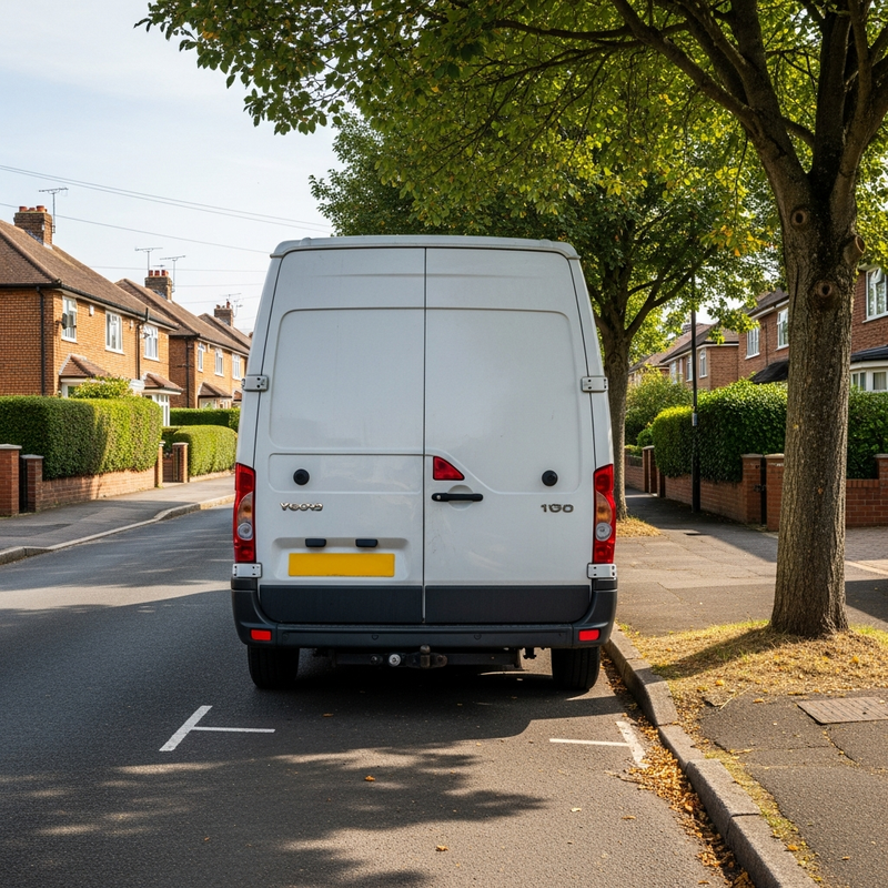 small white panel van parked at the kerb on a quiet British residential street - van speed limits UK