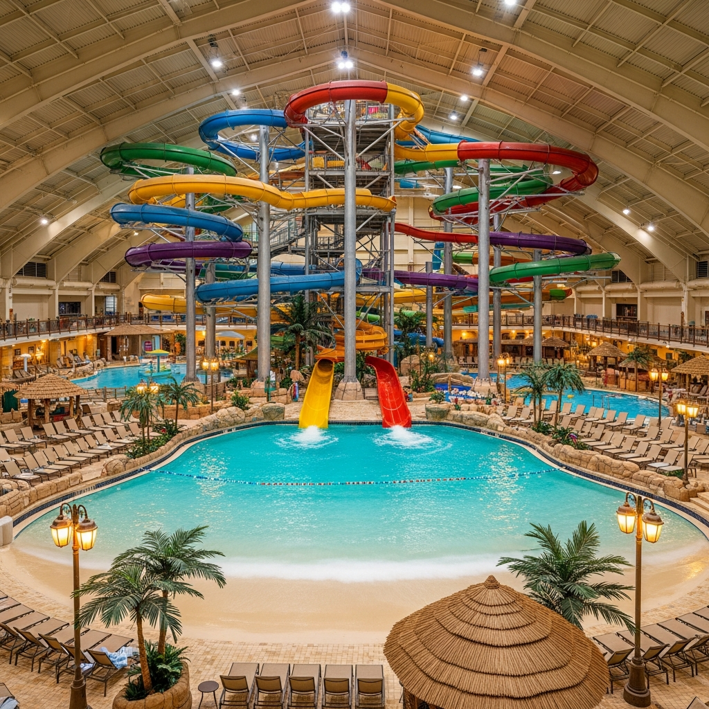 Flume tower and pool at Sandcastle Waterpark in Blackpool