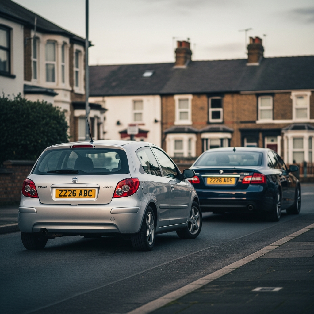 Two parked cars on a UK street after a minor bump — you can check another driver's insurance via askMID's Other Vehicle Look Up.