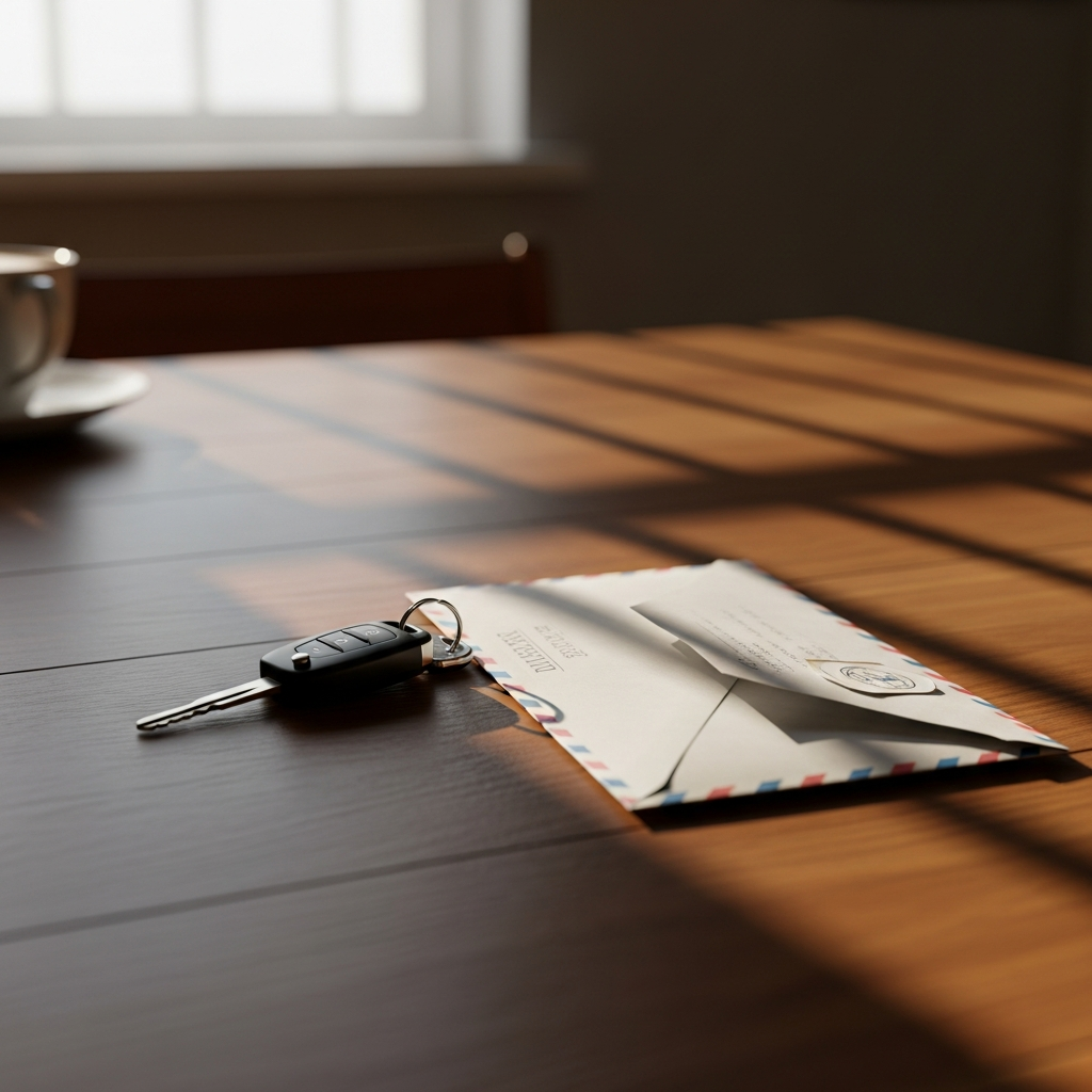 Car keys and a sealed envelope on a kitchen table - have your provisional licence number ready before you book.