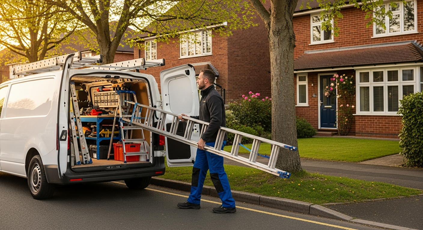UK van on a quiet residential street, covered by monthly van insurance