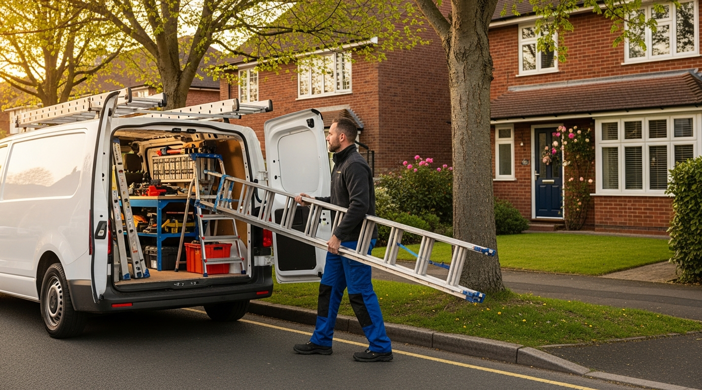 UK van on a quiet residential street, covered by monthly van insurance