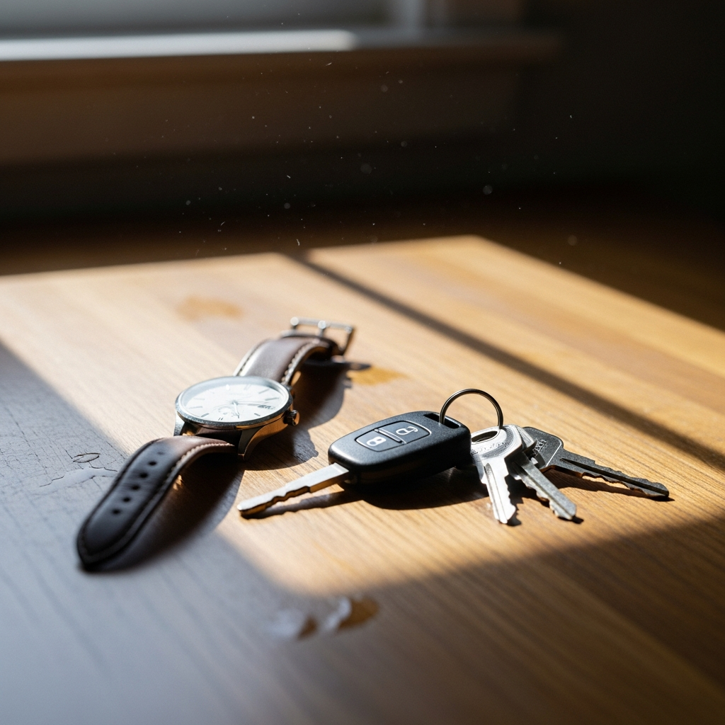 A wristwatch and a set of car keys on a wooden kitchen table - have everything ready before you start the application.