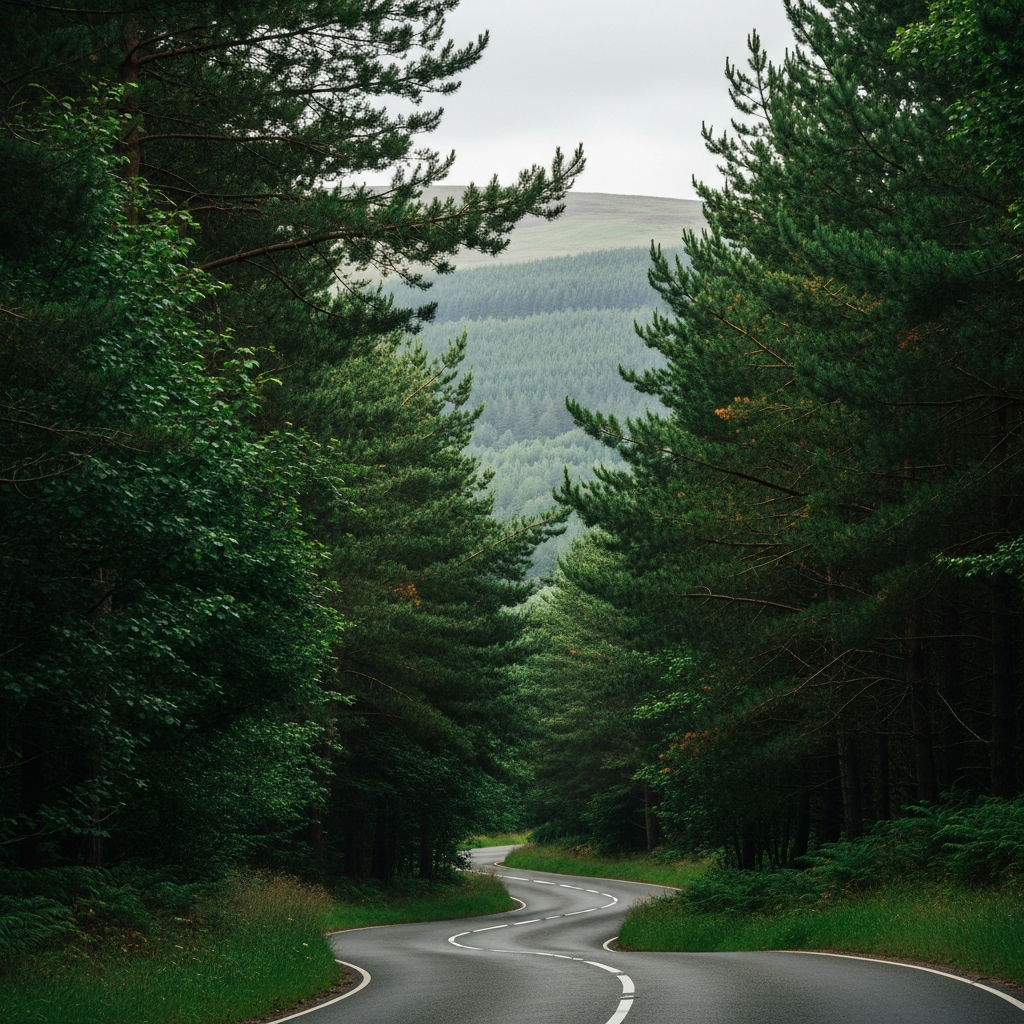 A57 Snake Pass road winding through forest in the Peak District