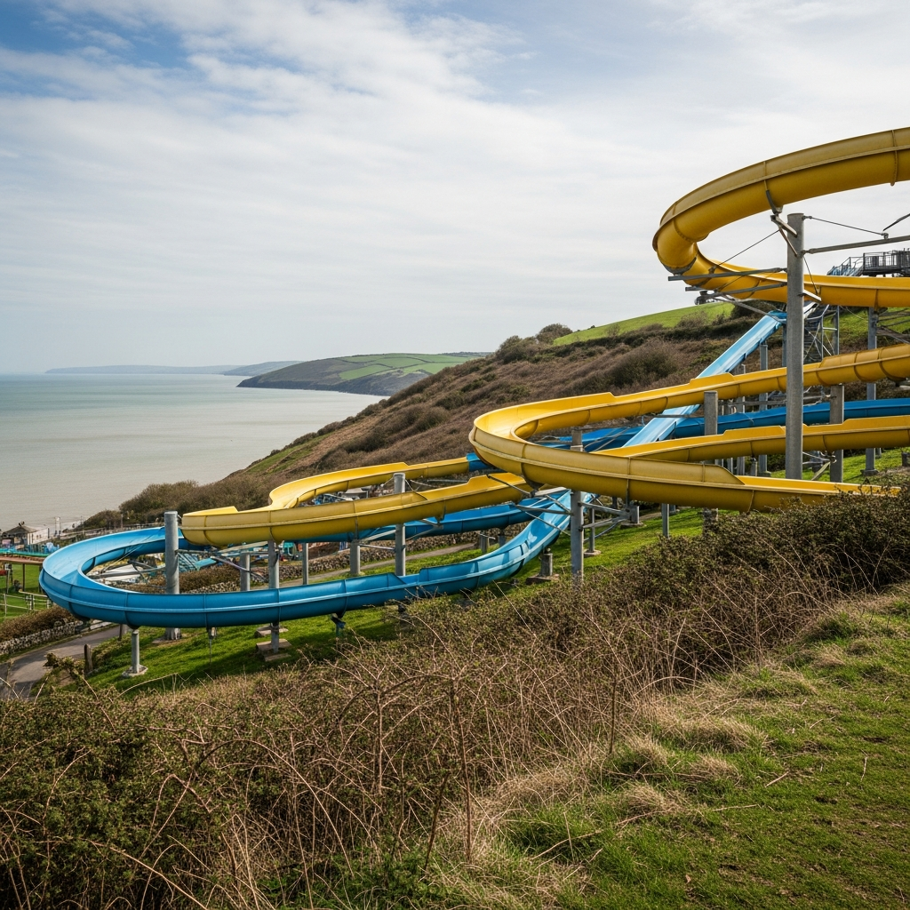 Tall water flume tubes on a hillside overlooking the south Devon coast