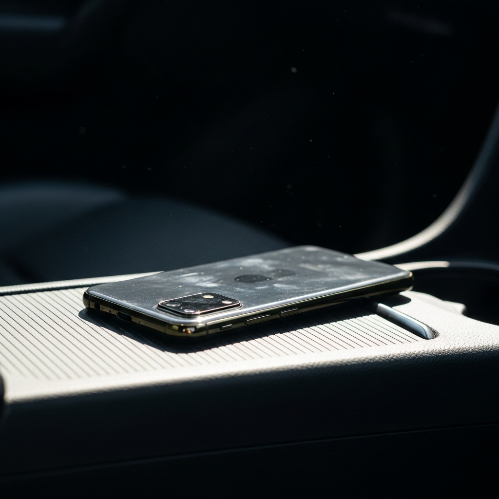 A smartphone resting face down on a car centre console - the app handles van and car cover from the same place.