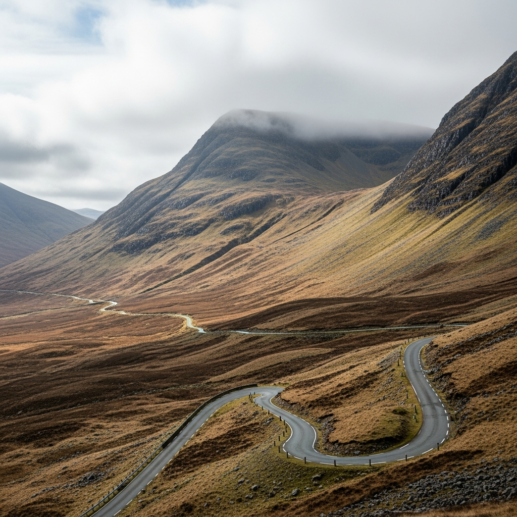 Single-track road climbing the hairpins of Bealach na Bà