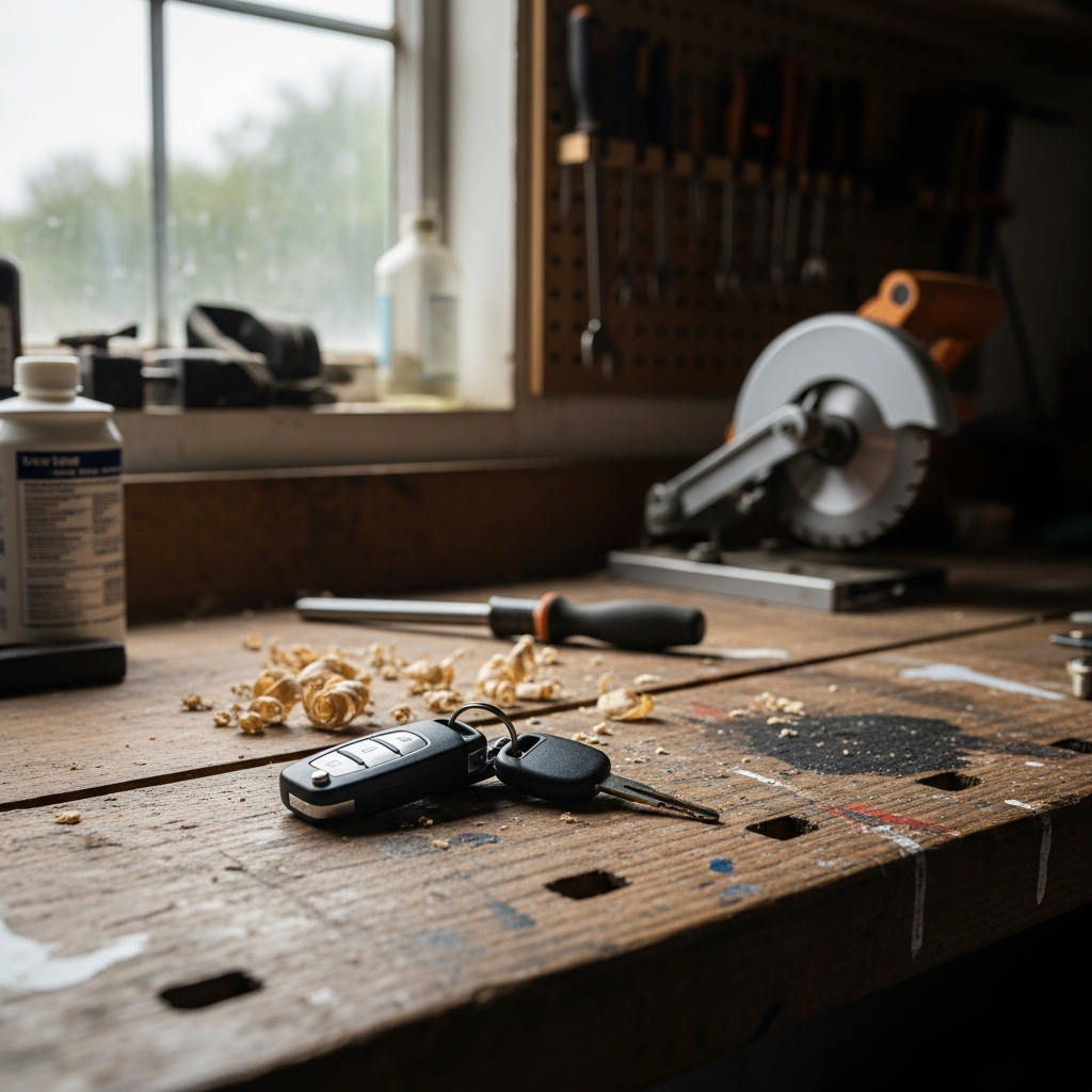 A set of car keys on a wooden workbench in a quiet British garage - Cat S vehicles can return to the road if repairs meet a satisfactory standard.