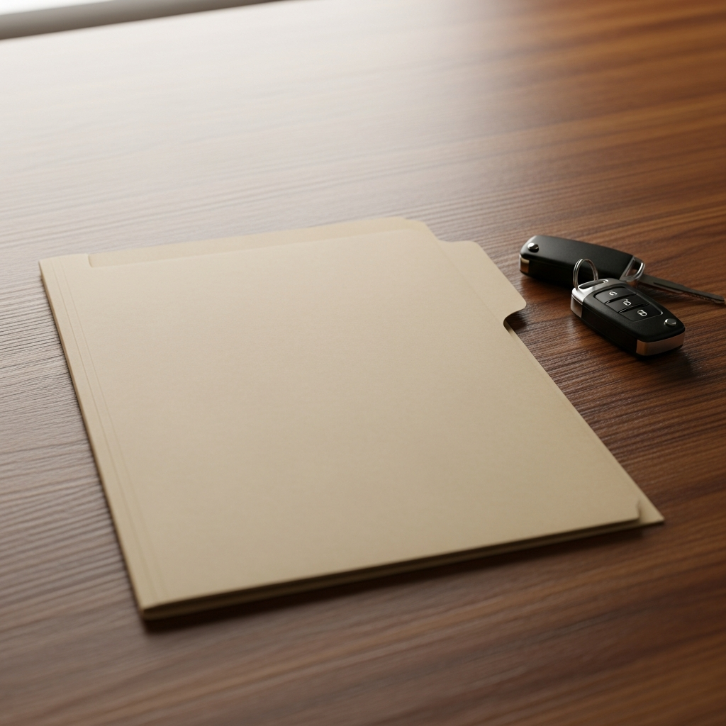 A blank manila folder and a set of car keys on a wooden desk - the paperwork to get right when selling privately.