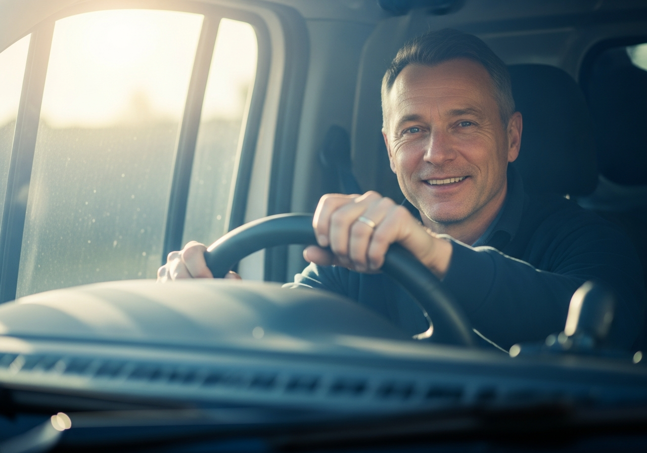 Confident smiling van driver behind the wheel of a panel van