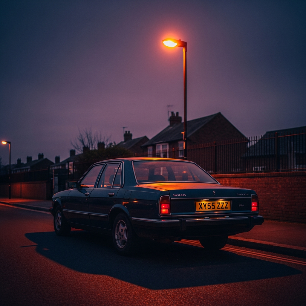 An untaxed-looking saloon parked alone at dusk on a British high street — driving without insurance carries serious penalties in the UK.