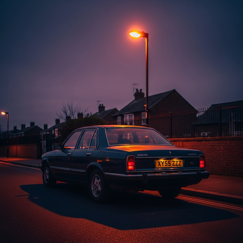 An untaxed-looking saloon parked alone at dusk on a British high street — driving without insurance carries serious penalties in the UK.