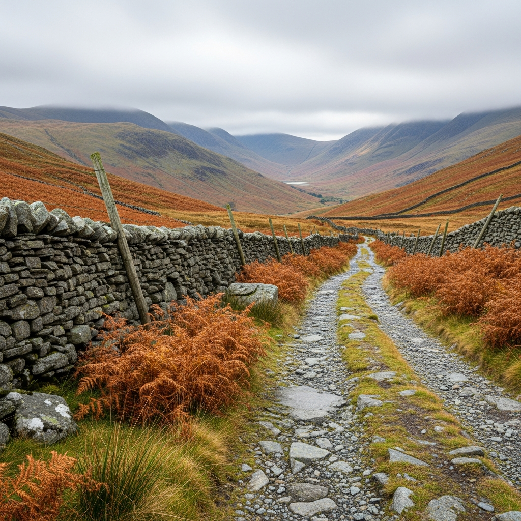 Single-track road climbing steeply over Hardknott Pass