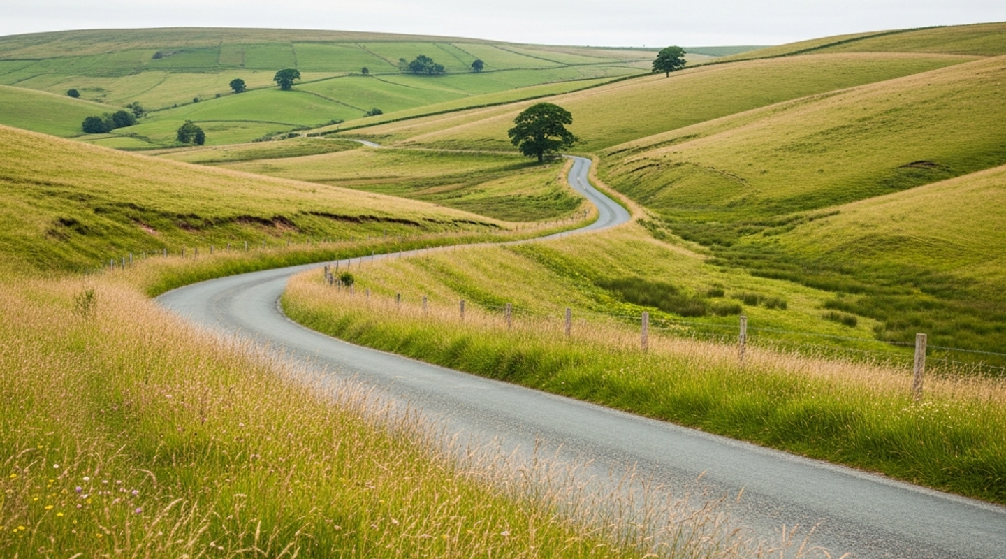Empty winding UK country road through open hill landscape
