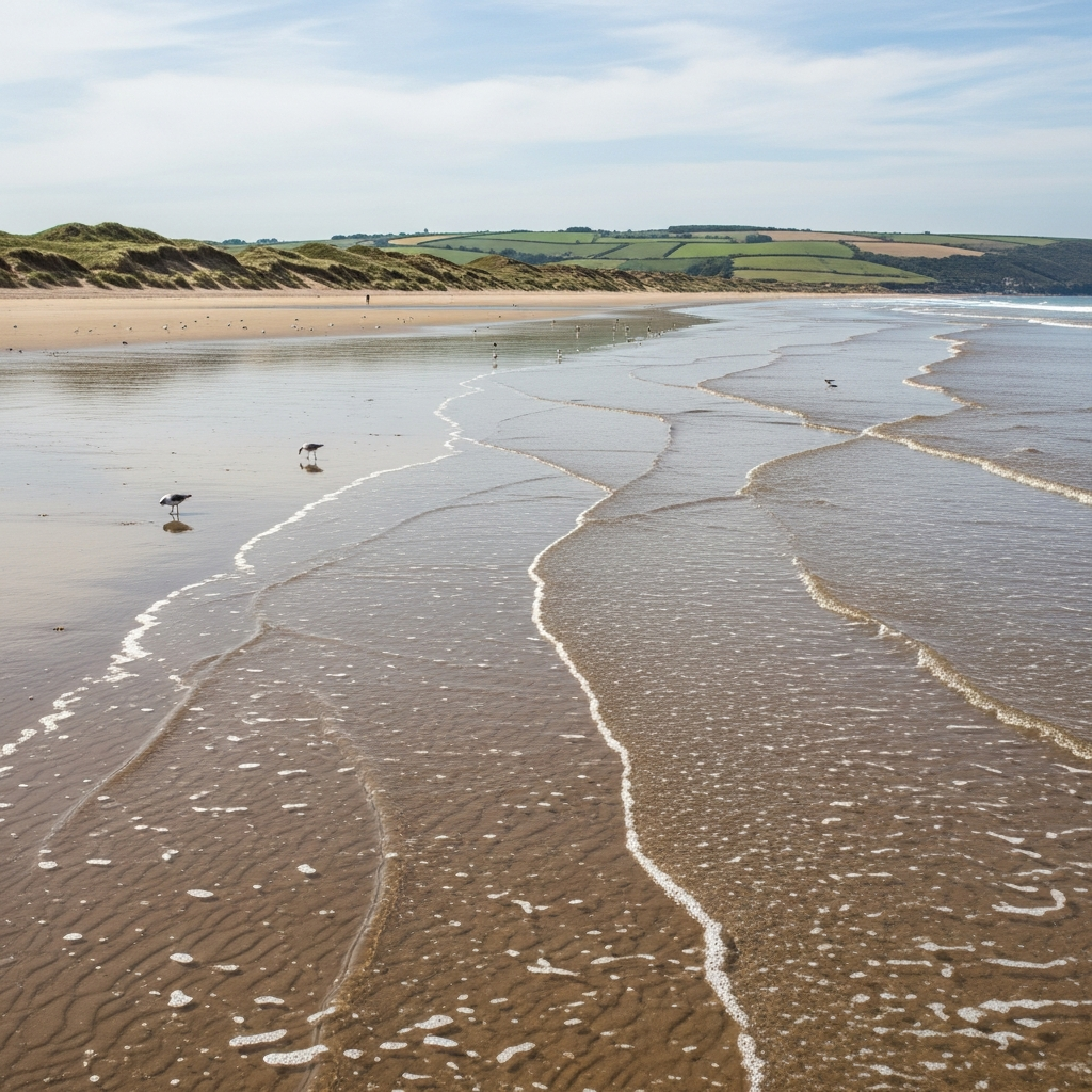 Long flat sands of Woolacombe Beach with rolling green countryside behind