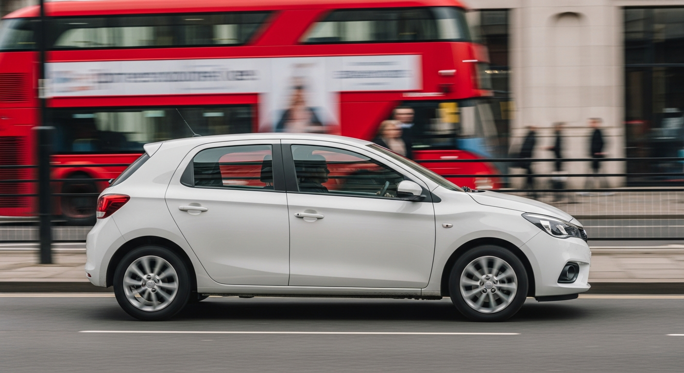 UK hatchback on a busy British high street, covered by learner driver insurance for everyday roads