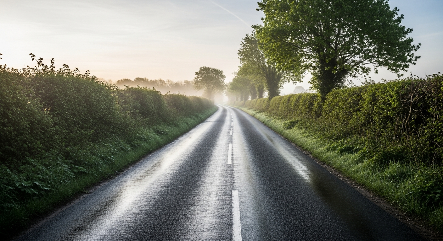 Open British country road at first light