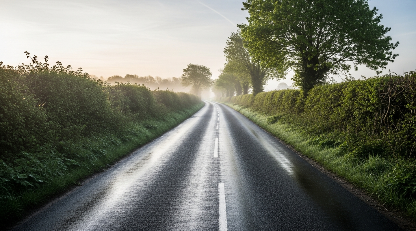 Open British country road at first light