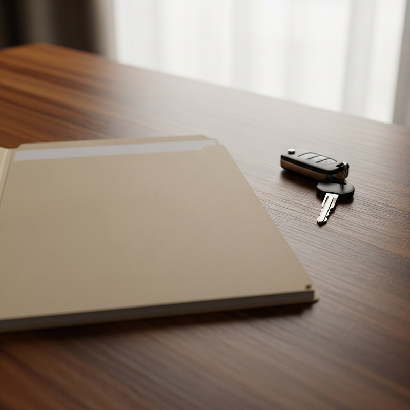 blank manila folder on a wooden desk next to a set of car keys - car insurance excess explained