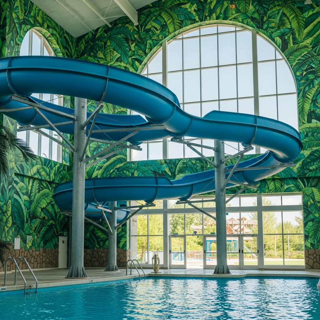 Tropical-themed interior of an indoor leisure complex with flume tube