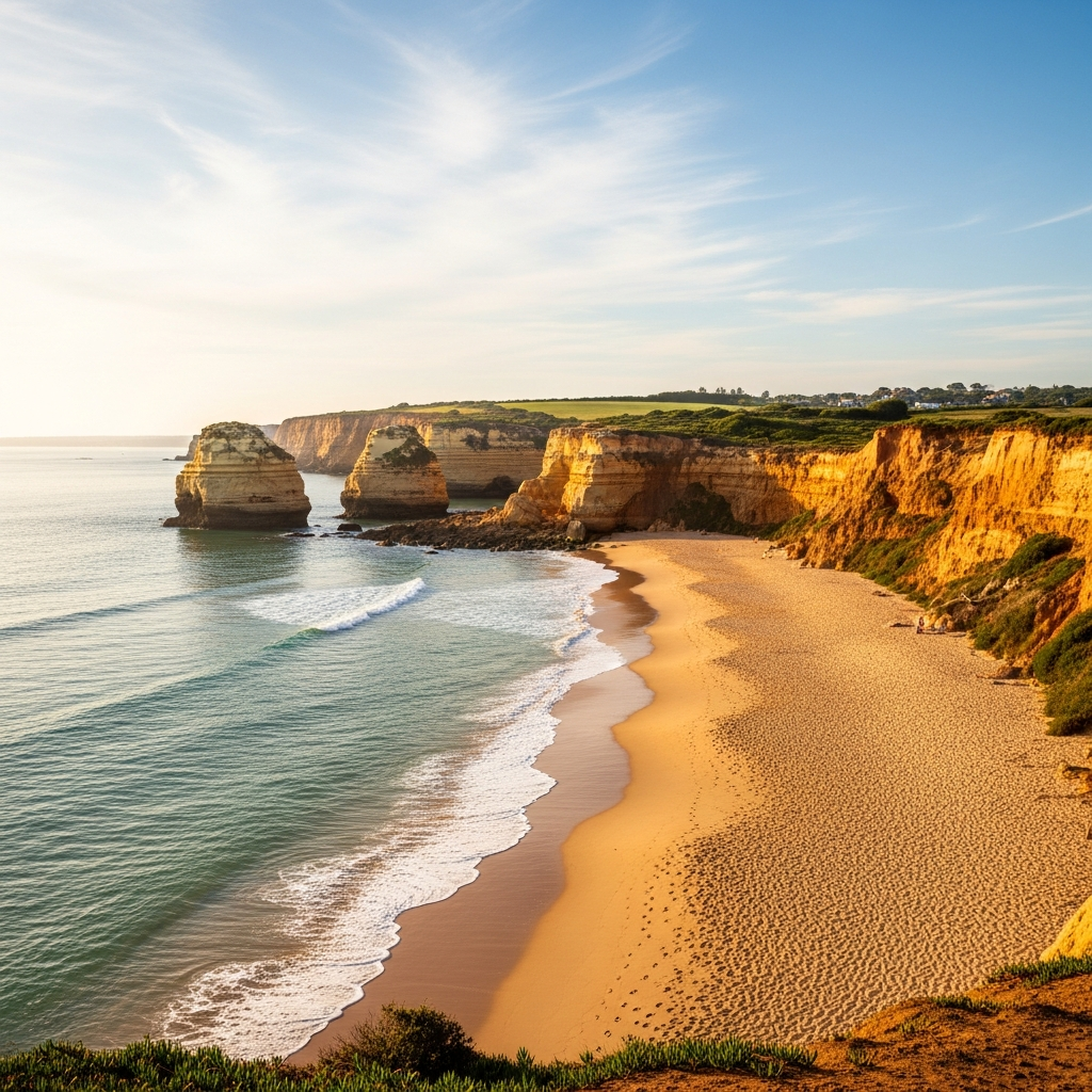 Wide golden sand at Bournemouth Beach with low cliffs and clifftop gardens