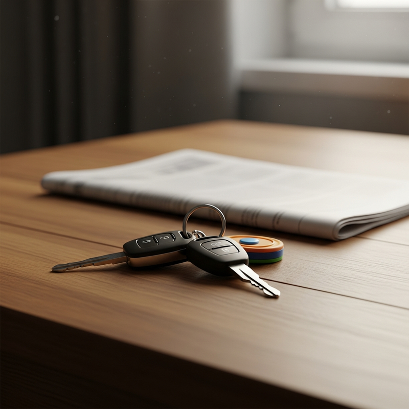set of car keys on a wooden kitchen table next to a folded blank newspaper - aquaplaning