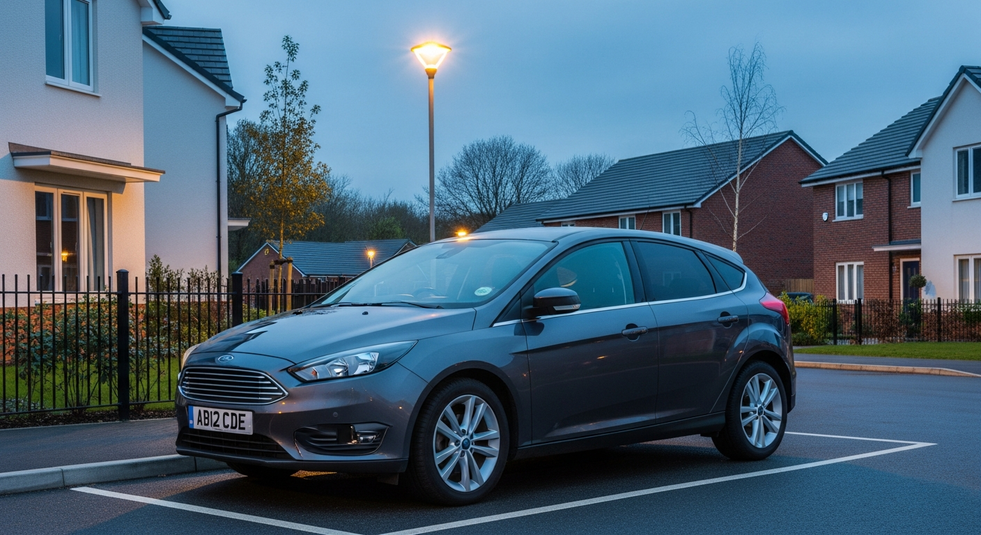UK car parked under a streetlamp, covered by cheap lending a car insurance