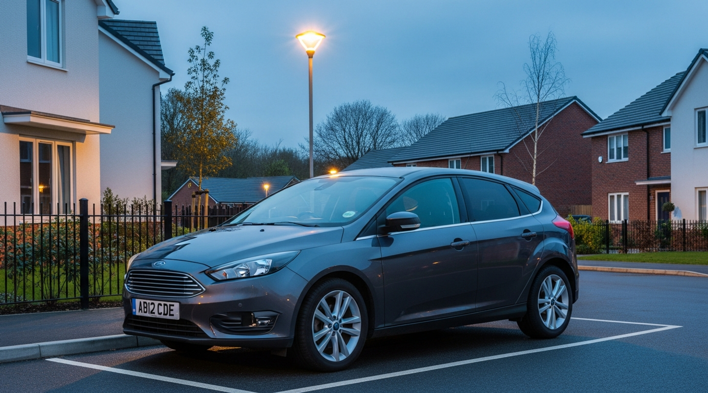 UK car parked under a streetlamp, covered by cheap lending a car insurance