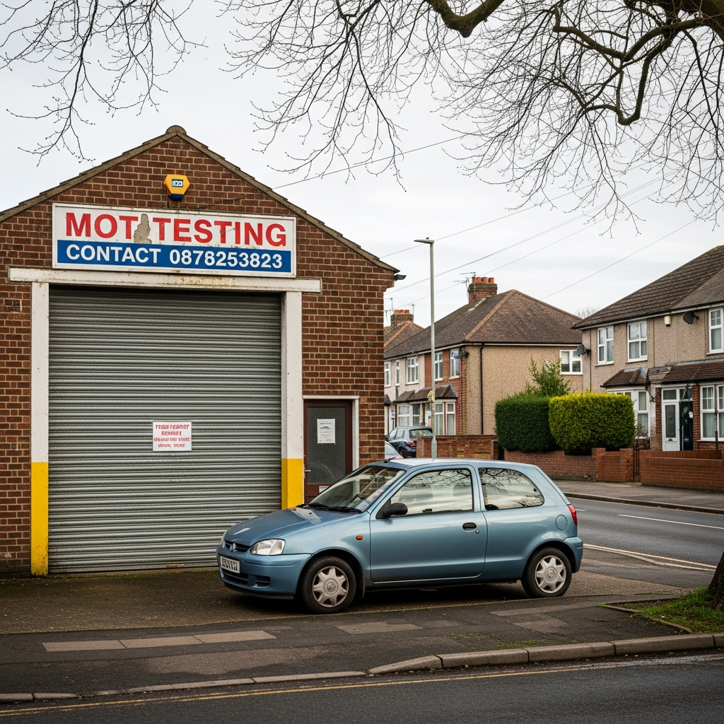 A car parked outside a small British MOT garage - in most cases an MOT is required before you can legally drive on public roads.