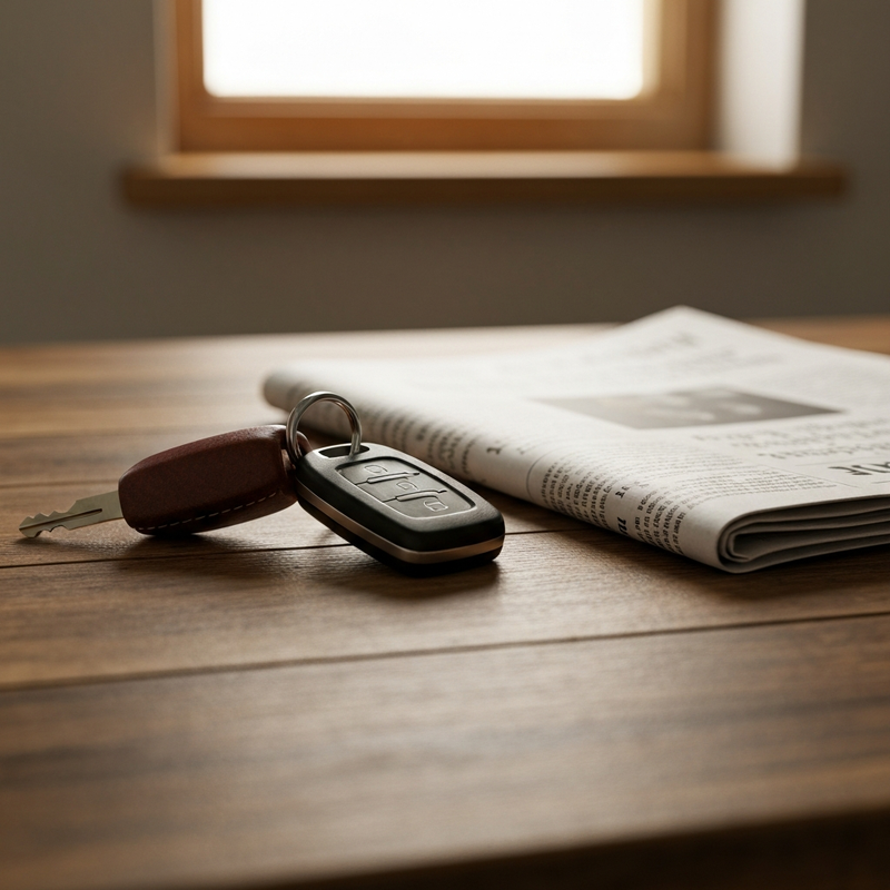 set of car keys on a wooden kitchen table next to a folded blank newspaper - driving with a damaged car