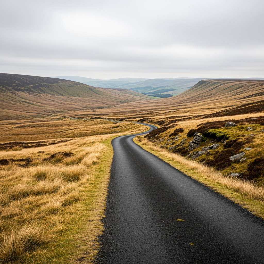 Empty moorland road winding through the Peak District