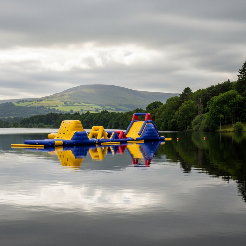 Inflatable assault course floating on Rutland Water