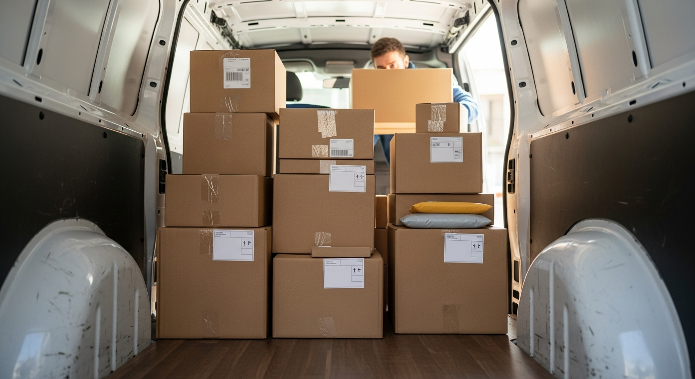 UK van on a busy British high street, covered by monthly van insurance
